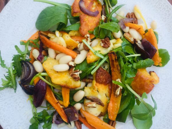Roast veg, halloumi, pecans and beans in a honey dressing