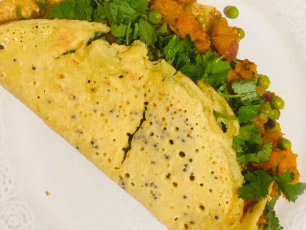 Easy sweet potato and pea dosa
