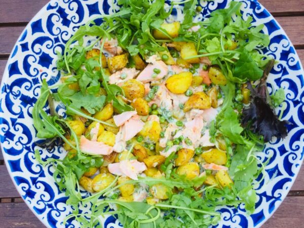 Salmon & pea salad with a creamy dill dressing