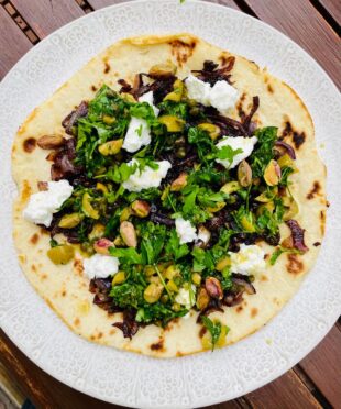 goats cheese caramelised onions and salsa verde