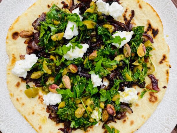 Goats cheese, caramelised onions and salsa verde recipe