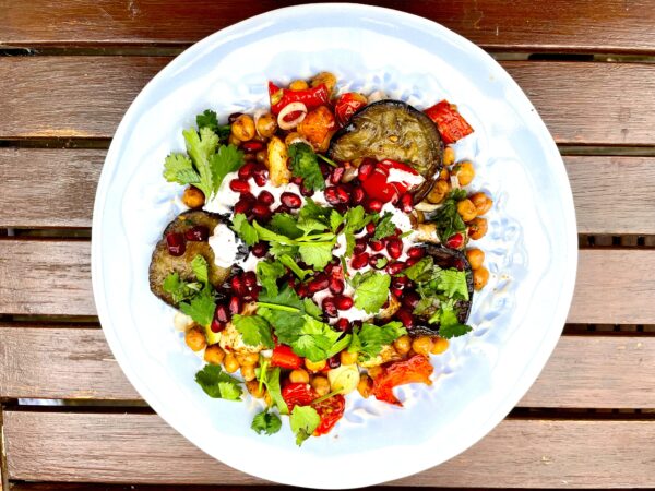 Roasted Aubergine and Halloumi Traybake